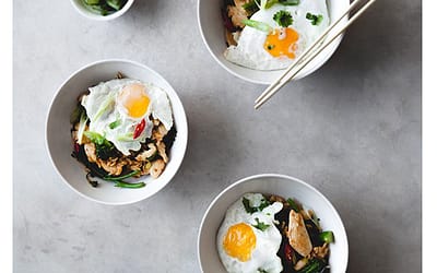 Fragrant nasi goreng with chicken and broccoli